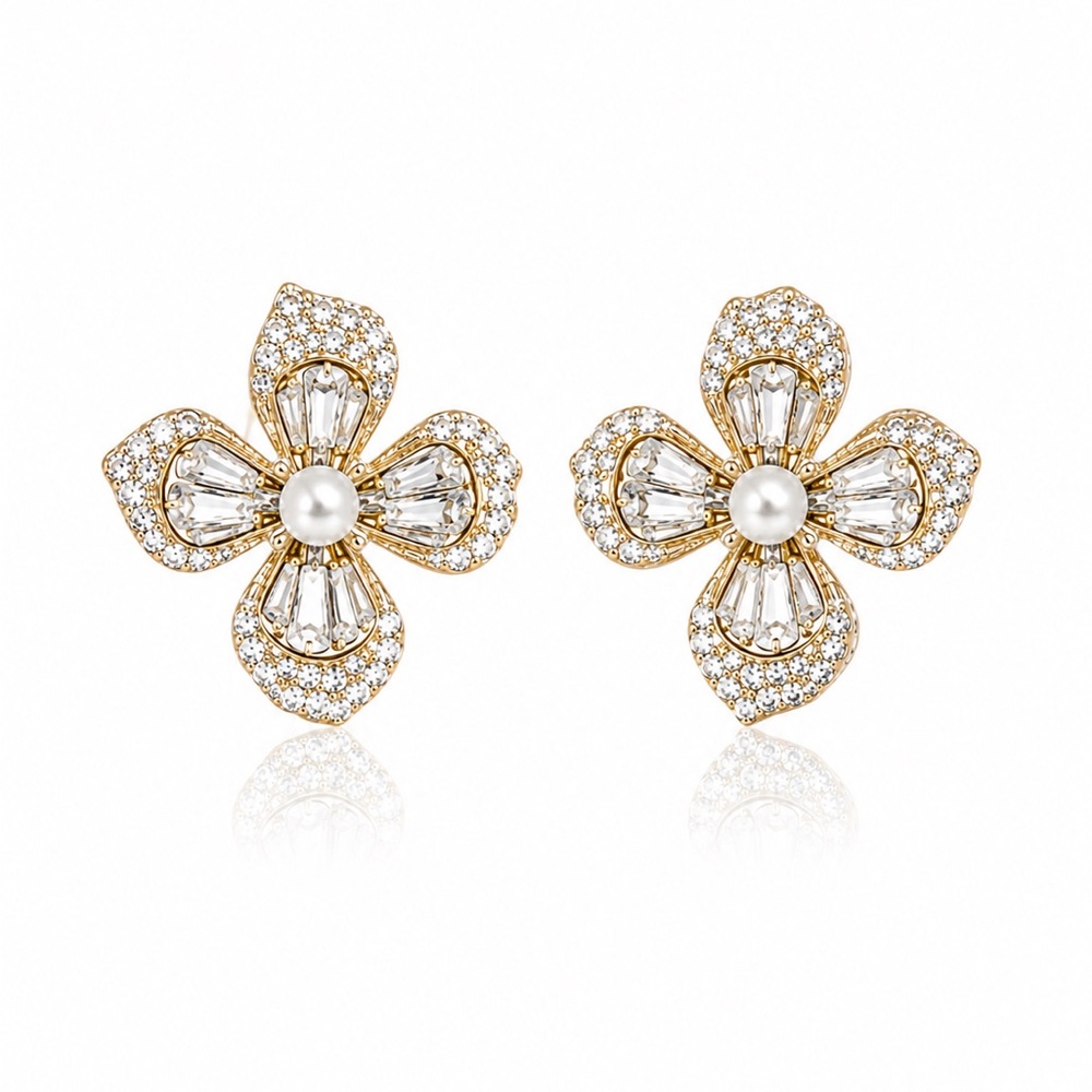 Gold Floral Pearl & Cubic Zirconia Stud Earrings